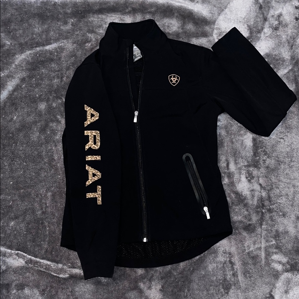 Ariat Black Soft Shell Jacket with Gold Logo and Cheetah Sleeve Text